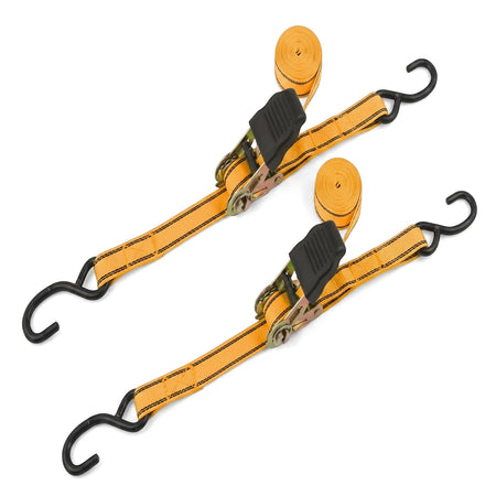 Two Tolsen yellow industrial ratchet tie-down straps, 25mm x 5m with J-hooks, arranged diagonally on a white background.