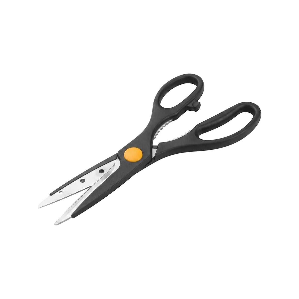 Tolsen Kitchen Scissors with black handles, a yellow dot on the pivot, and stainless steel blades, shown open.