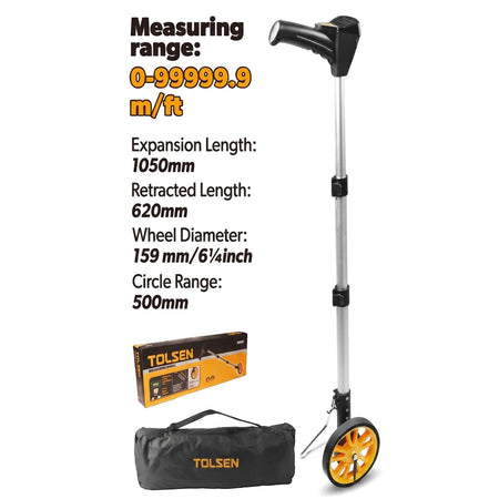Tolsen Measuring Wheel with a 16cm diameter yellow wheel, telescopic handle, and carry bag, shown with its detailed