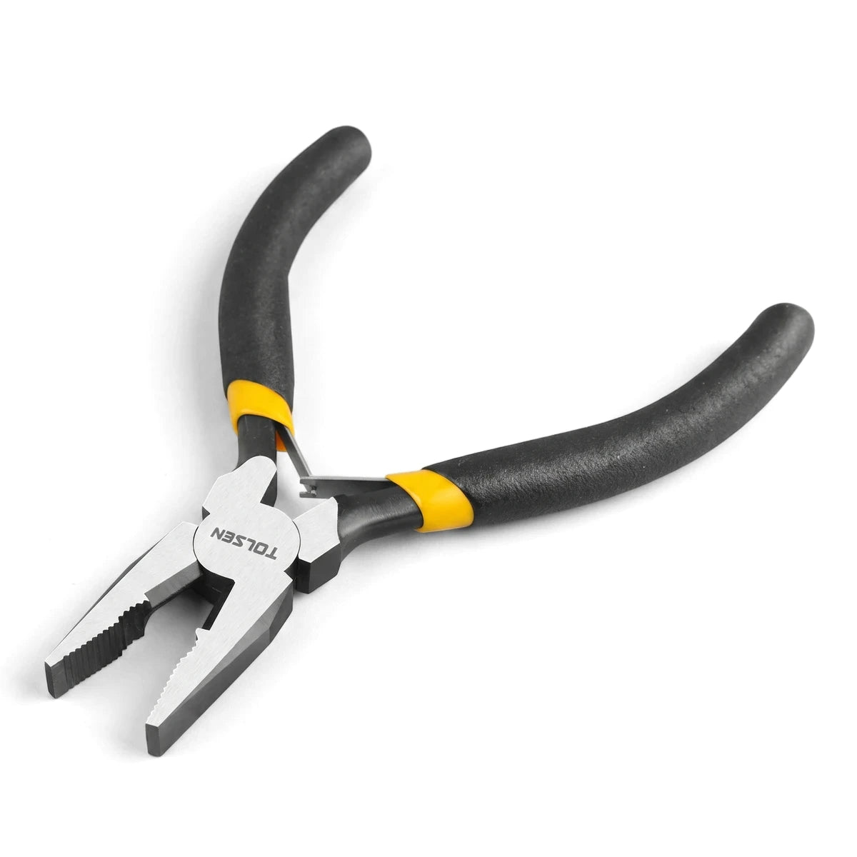 Close-up of Tolsen 115mm Mini Combination Pliers with black and yellow handles and silver metal jaws, oriented diagonally.