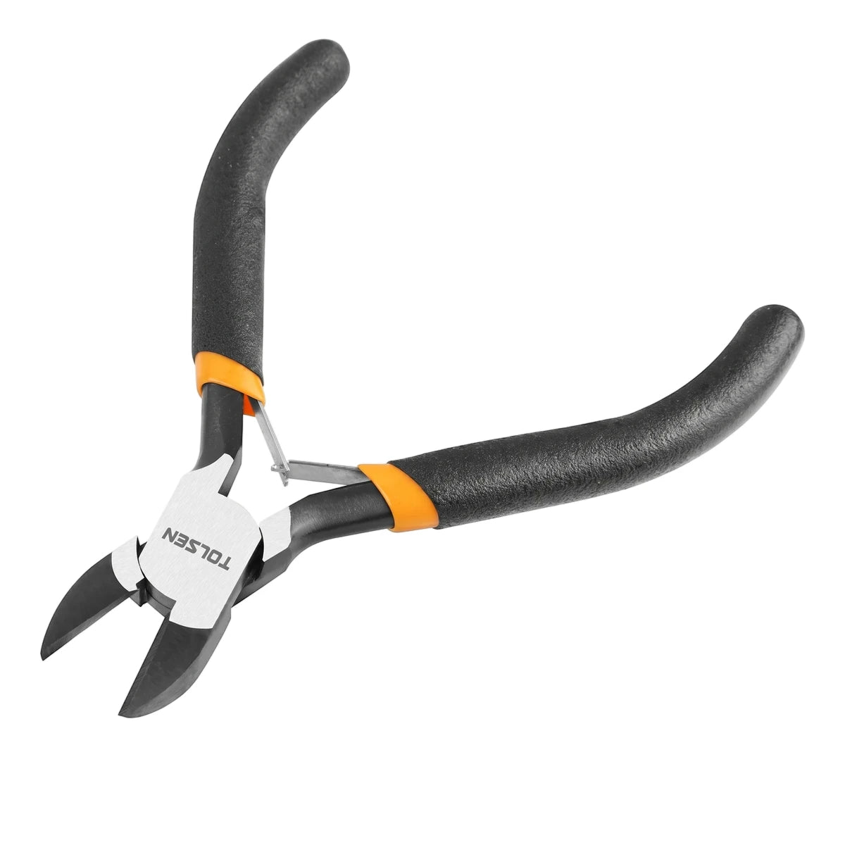 Tolsen Mini Diagonal Cutting Pliers, 115mm, featuring black and orange ergonomic handles and a silver cutting head, viewed