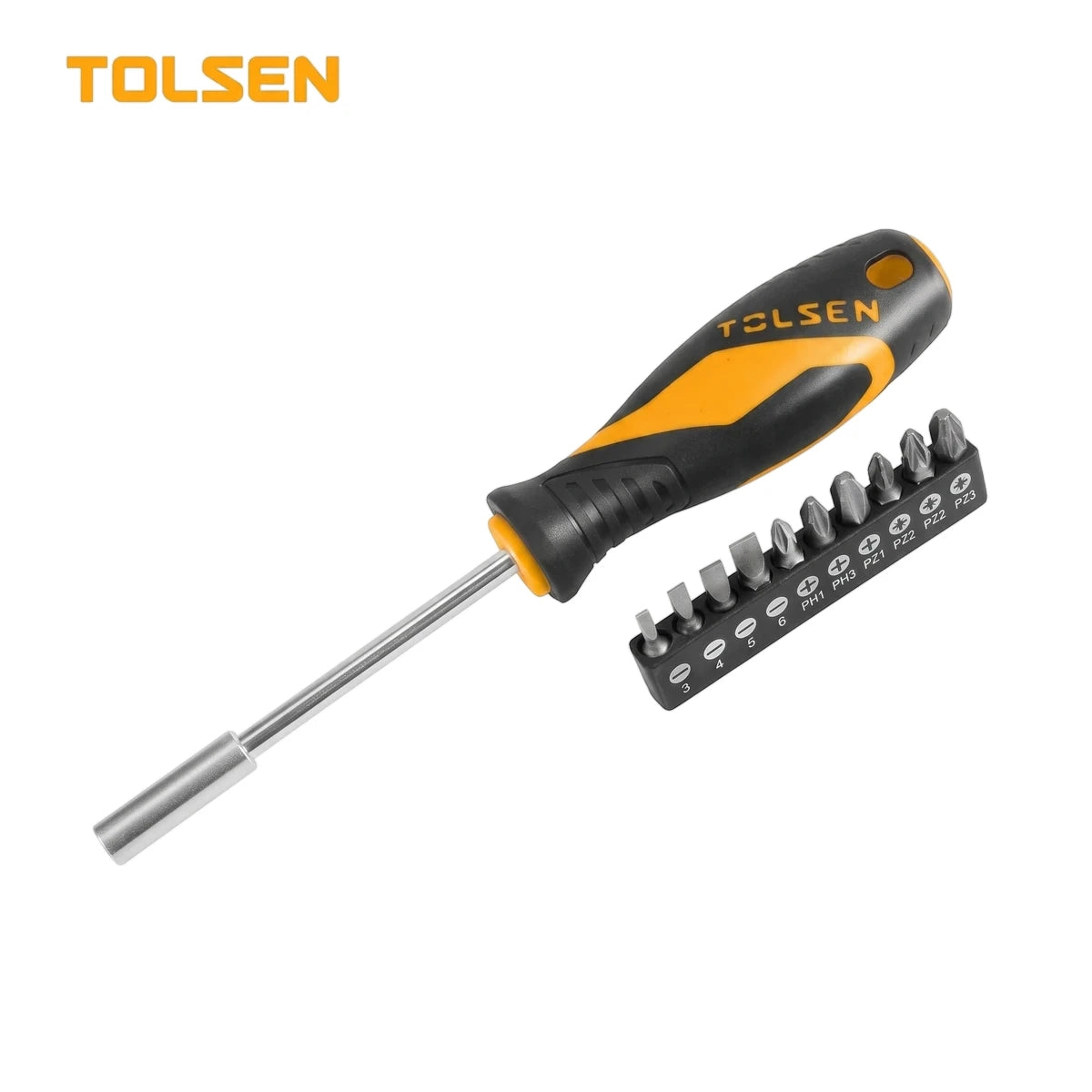 Tolsen Nut Screwdriver Bit Set 11 piece with black and yellow handle, nut driver shaft and assorted bits holder