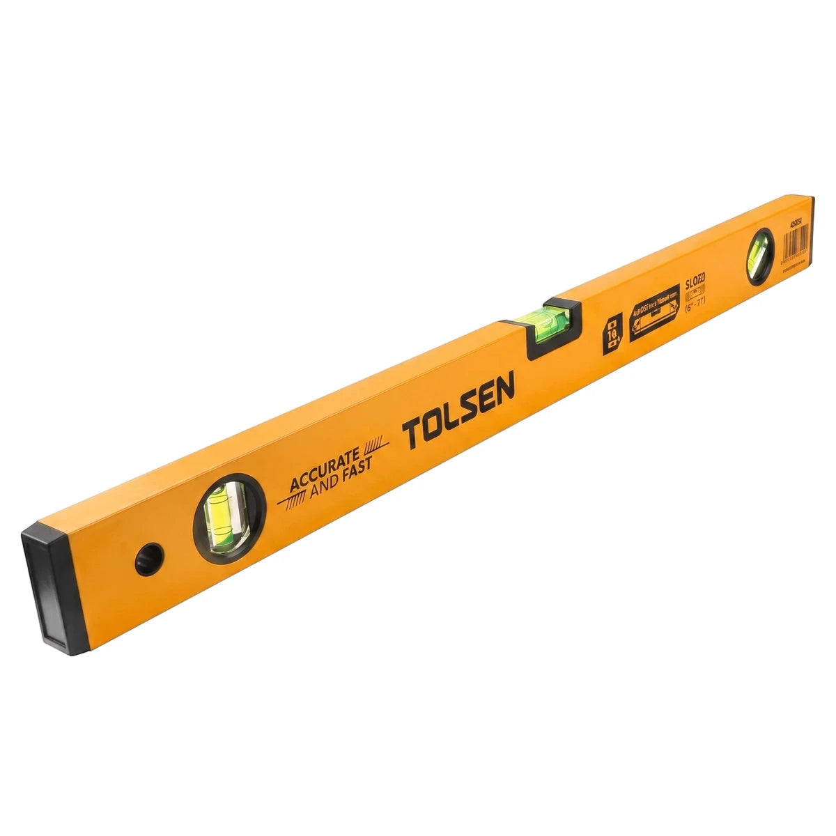 An orange Tolsen 1200mm aluminum level with three bubble vials for accurate measurements, angled view on a white background.