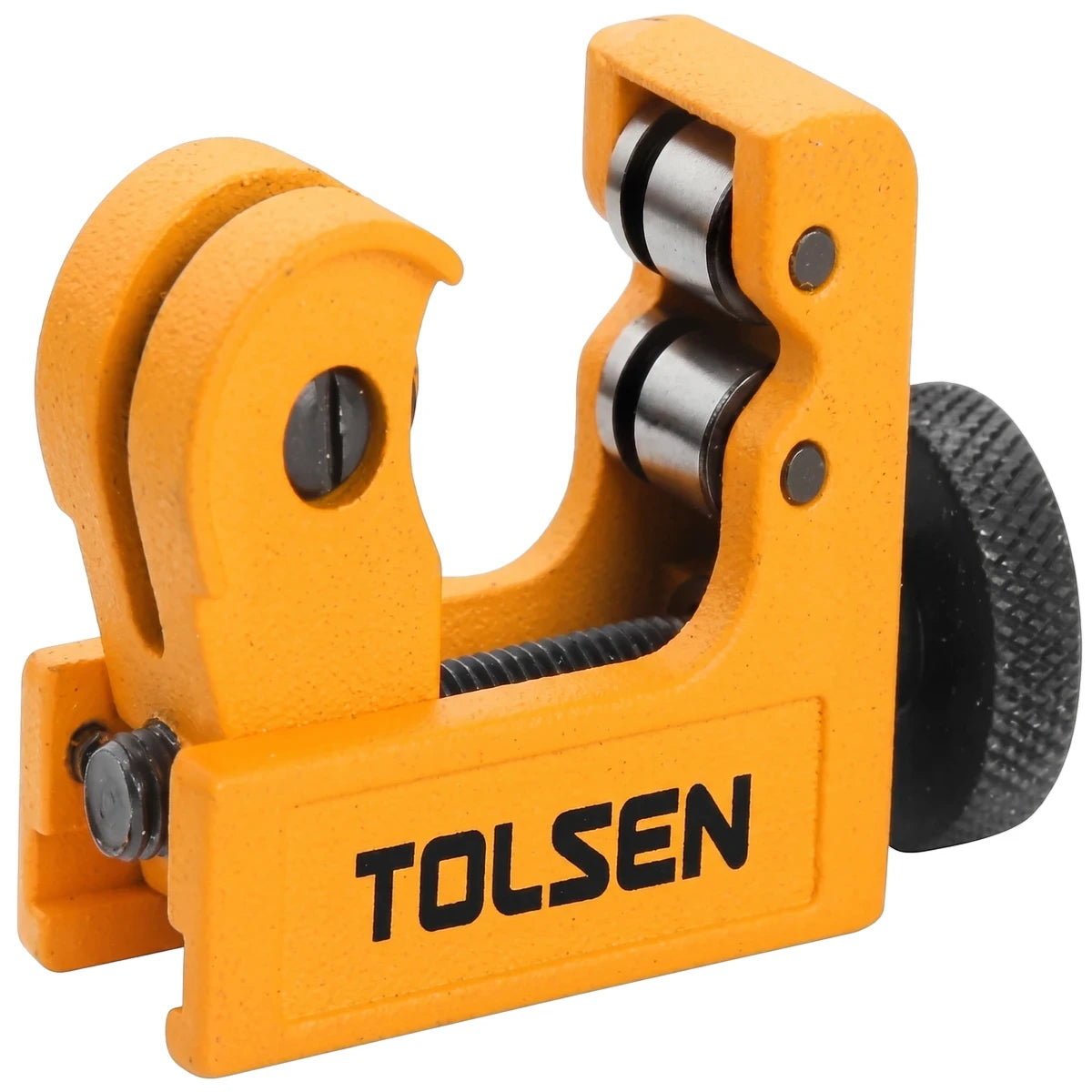 Orange Tolsen mini tube cutter for cutting pipes and tubing, featuring a black adjustment knob and metal rollers.