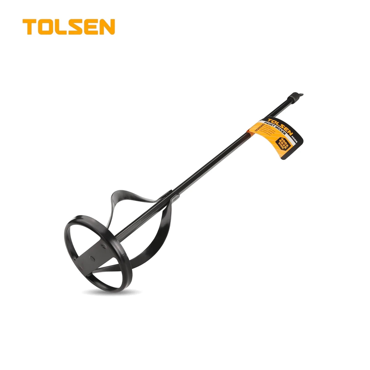 Black Tolsen paint mixer, 400x80x8mm, with a spiral mixing head and drill attachment for mixing paint and other liquids.
