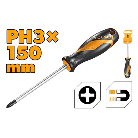 Tolsen PH3 x 150mm Phillips head screwdriver with black and orange handle and magnetic tip, displayed with its packaging.