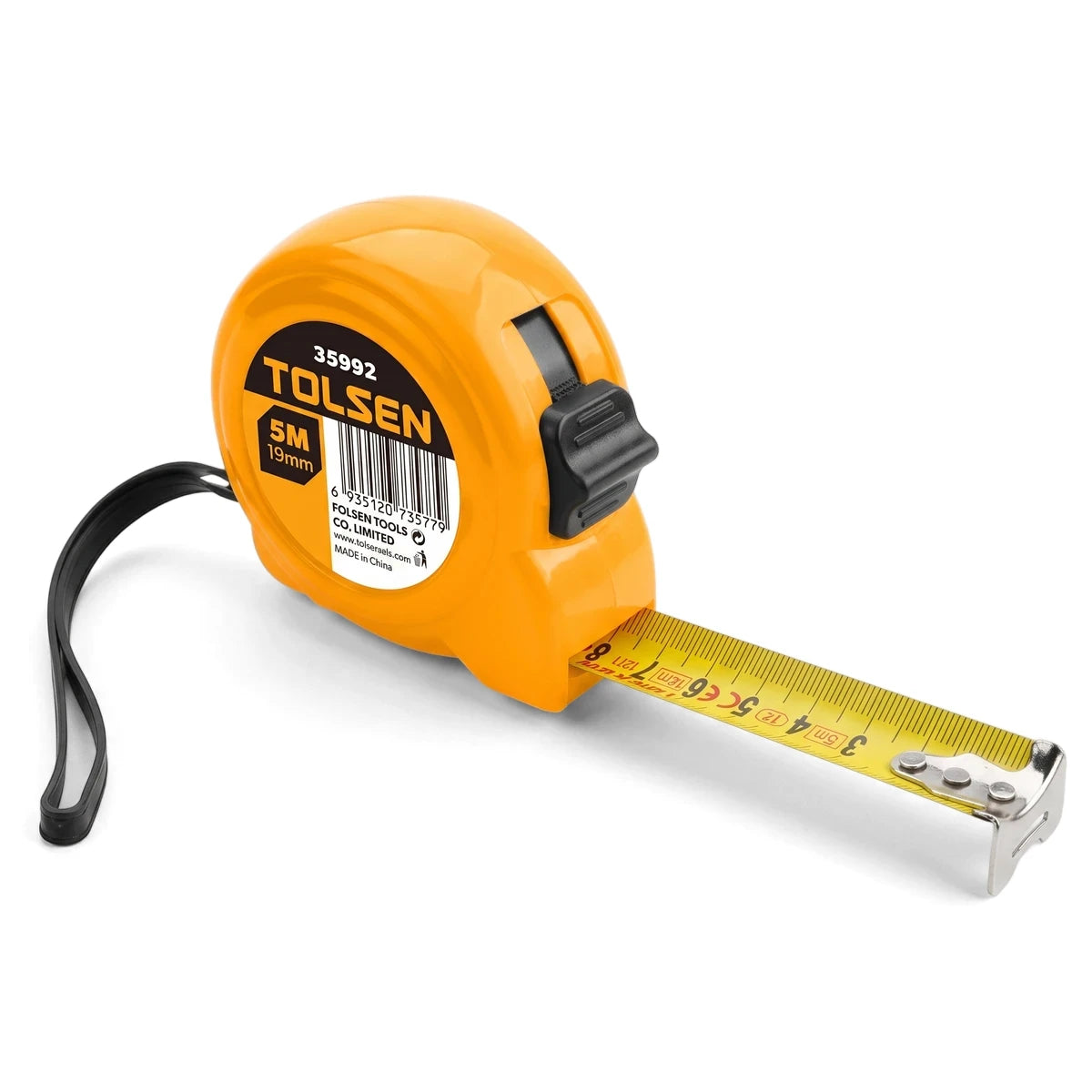 Tolsen plastic case tape measure metric 5m x 19mm in yellow with black lock button and extended measuring blade