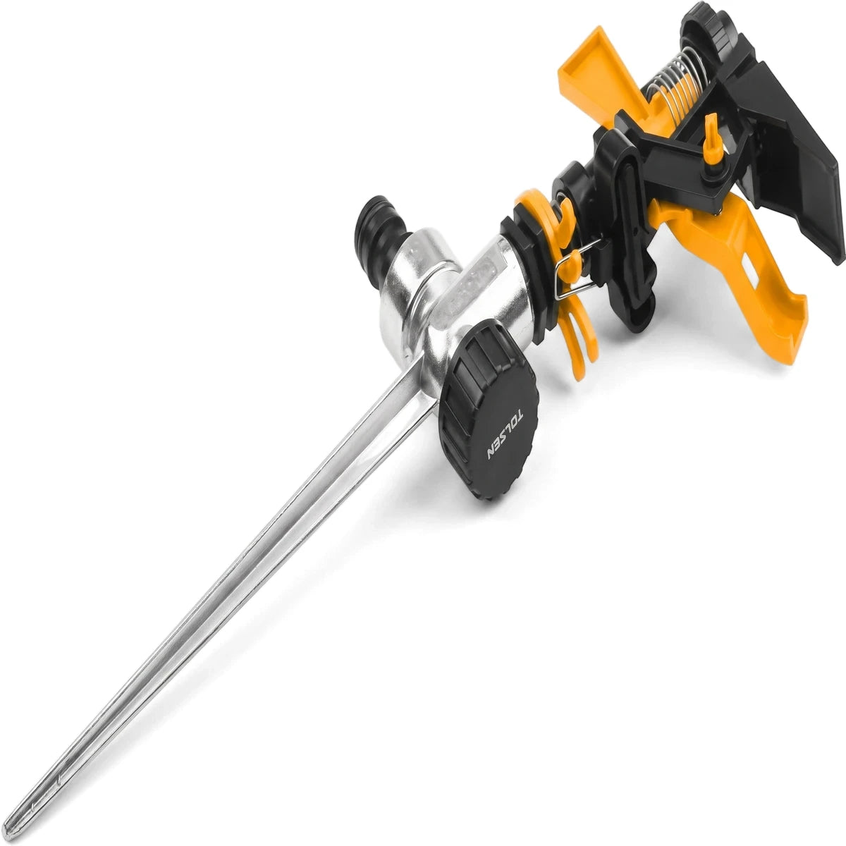 Yellow and black Tolsen plastic impulse garden sprinkler with a silver zinc spike, featuring adjustable settings.
