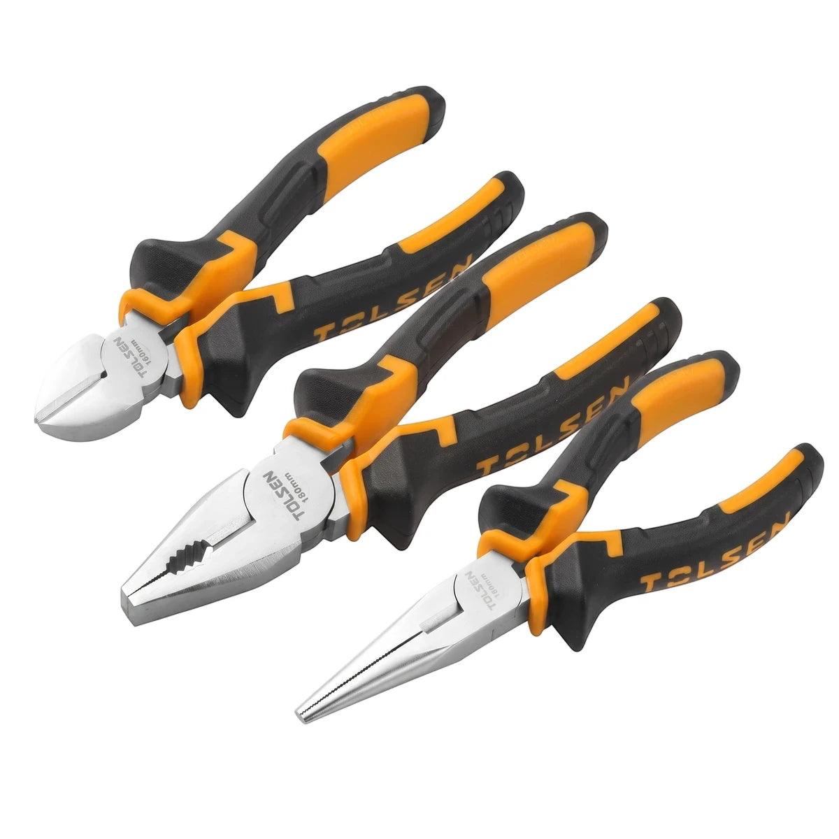 Three Tolsen plier set with black and yellow handles, including diagonal cutting, combination, and long nose pliers.