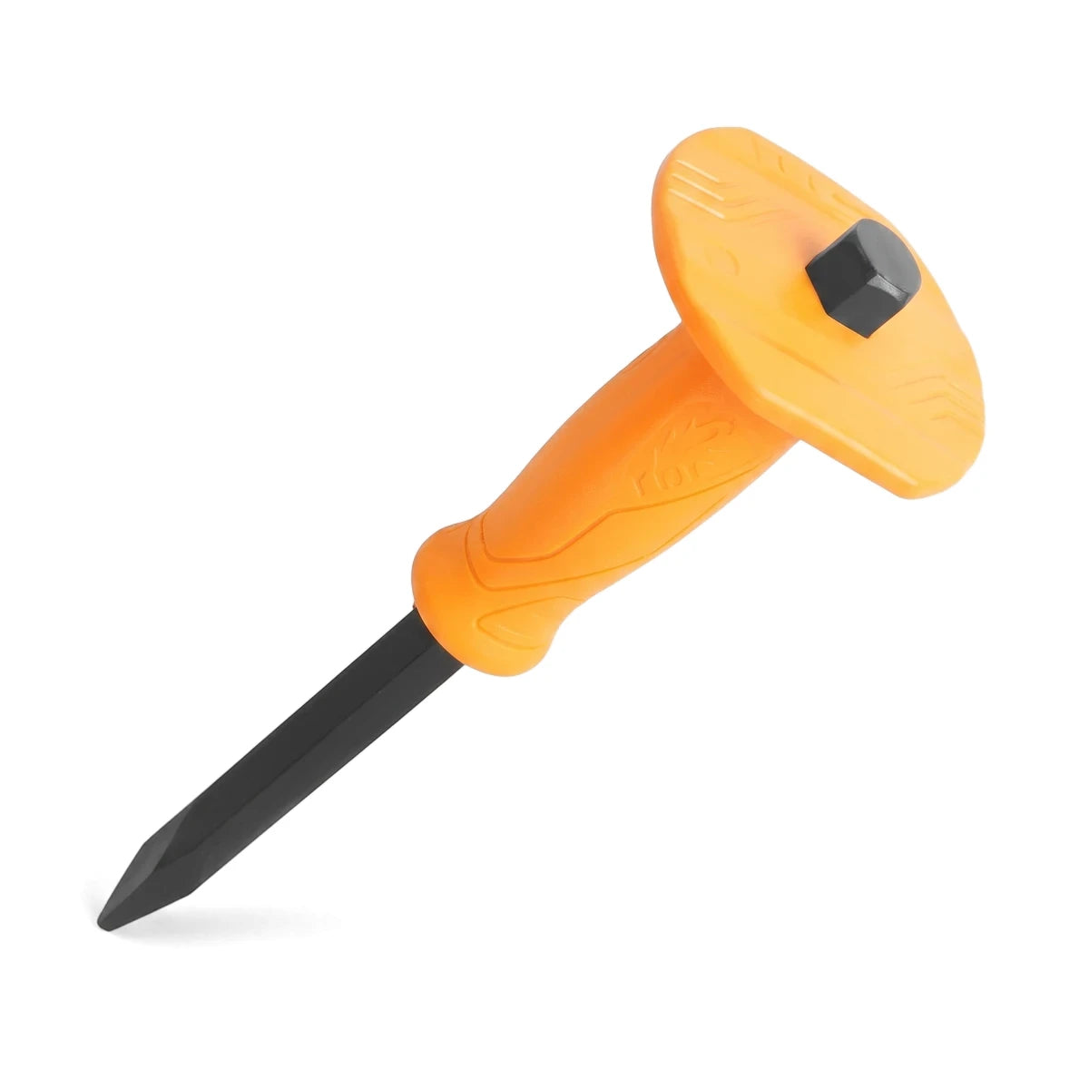 Tolsen Pointed Cold Chisel with orange PVC ergonomic grip and large hand guard plate, ideal for demolition and carving tasks.