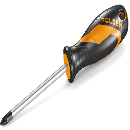 Tolsen Pozidriv screwdriver, PZ0 x 75mm, featuring a black and orange ergonomic handle and a silver shaft.