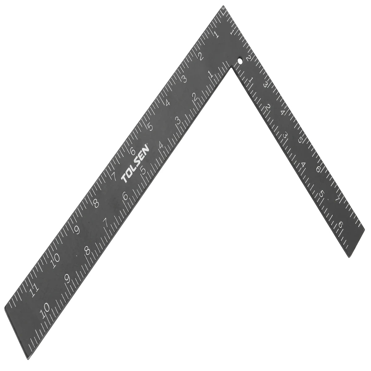 Dark gray Tolsen rafter square, 400x600mm, with white numerical markings, for precise measurement.
