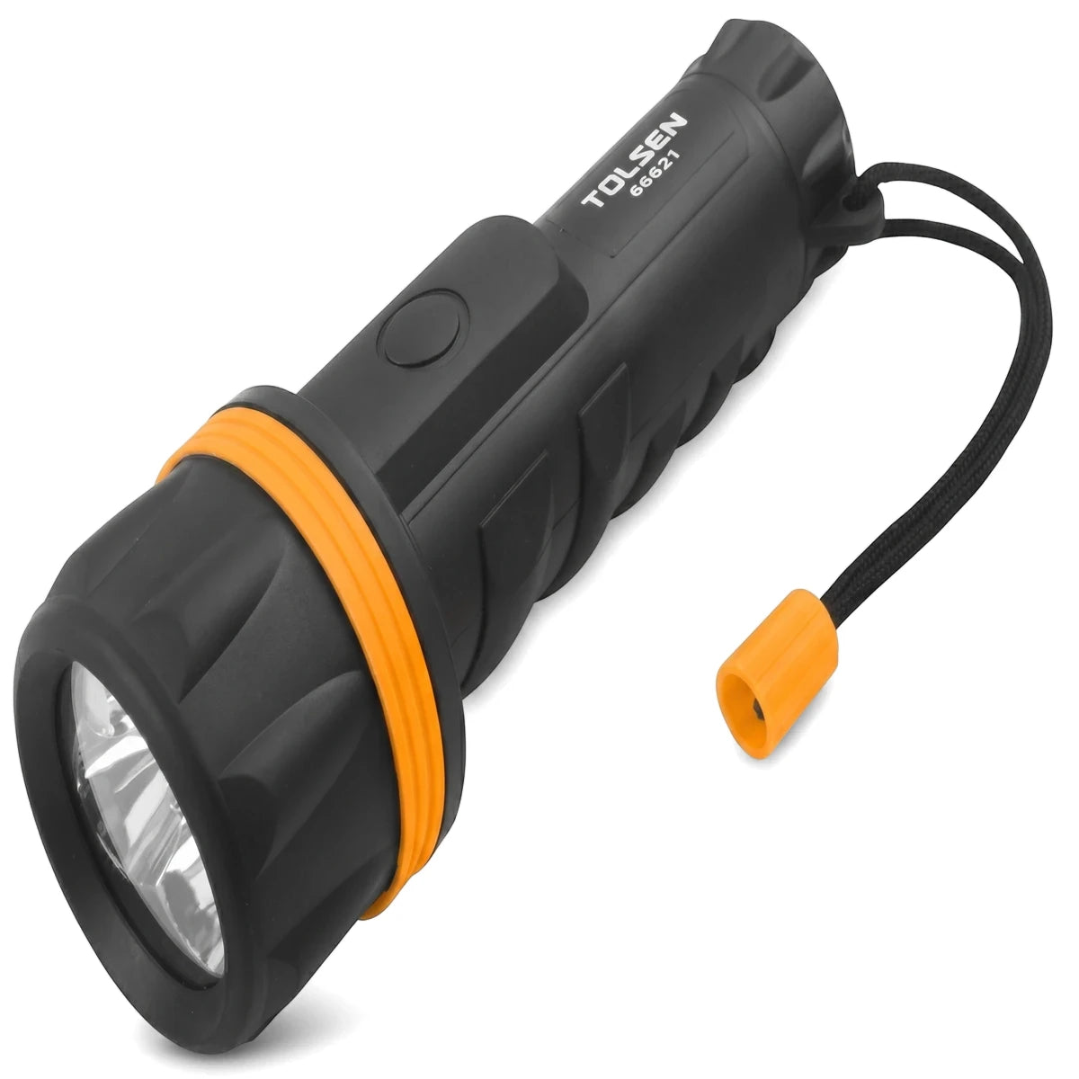 Black Tolsen Rubber LED Torch (2x D) with orange accents and a wrist strap, shown angled from the front-side.