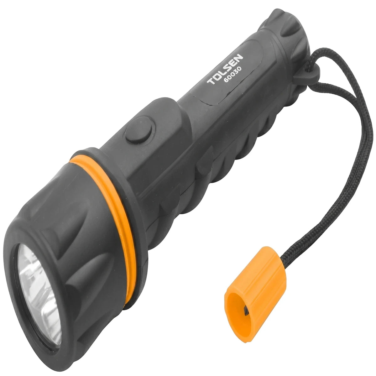 Tolsen Rubber LED Torch 60030, a durable black and orange handheld flashlight, designed for reliable illumination, shown