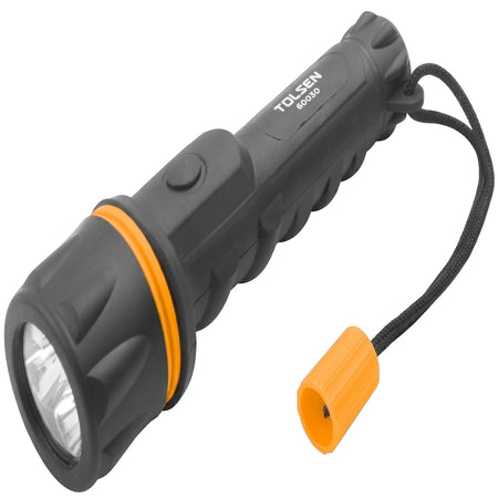 Tolsen Rubber LED Torch 60030, a durable black and orange handheld flashlight, designed for reliable illumination, shown