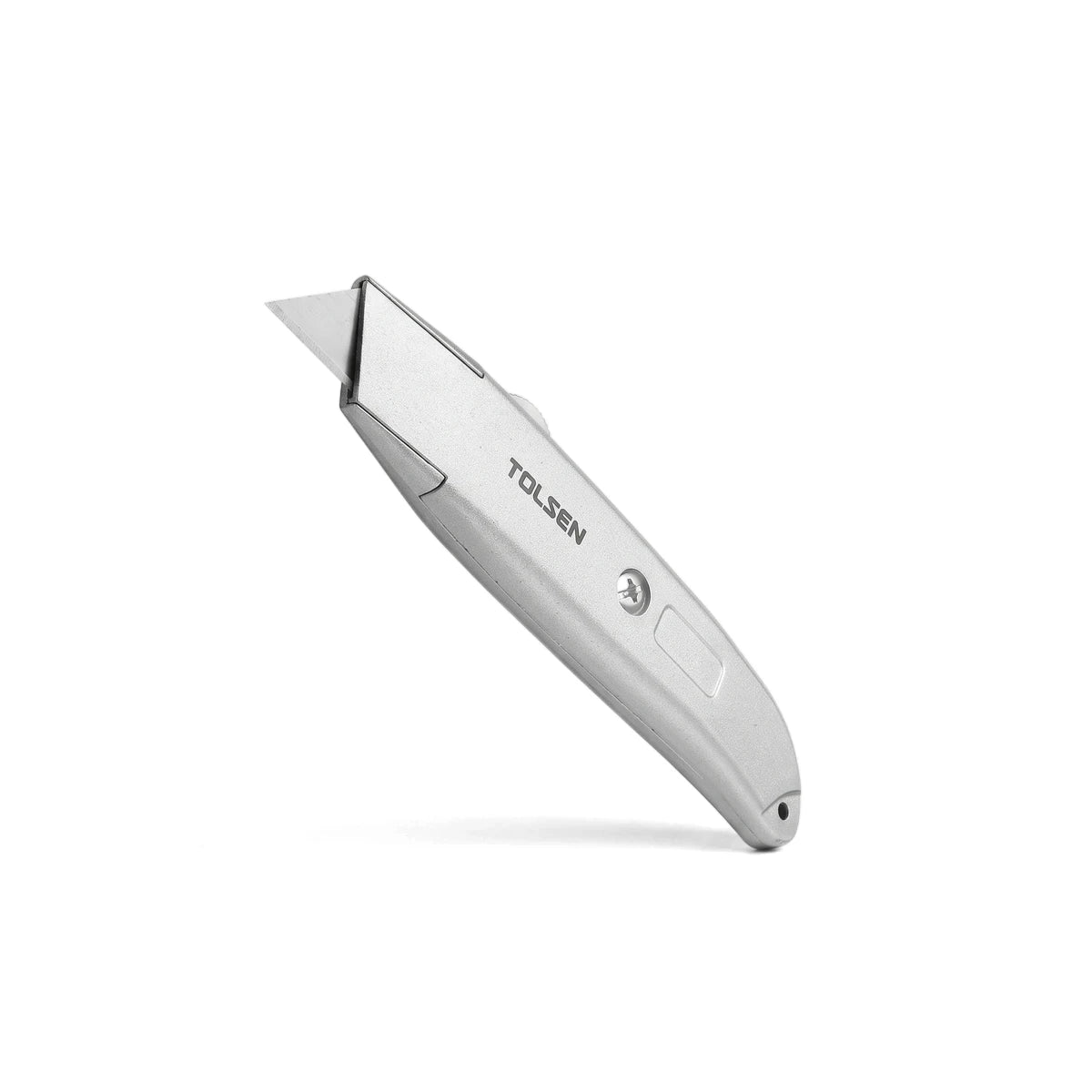 A silver Tolsen retractable aluminum utility knife with an extended SK5 blade, shown angled on a white background.