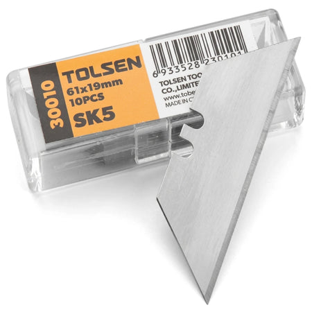Tolsen SK5 utility knife blades in a clear blister pack, featuring a 10-piece set of metallic sharp blades.