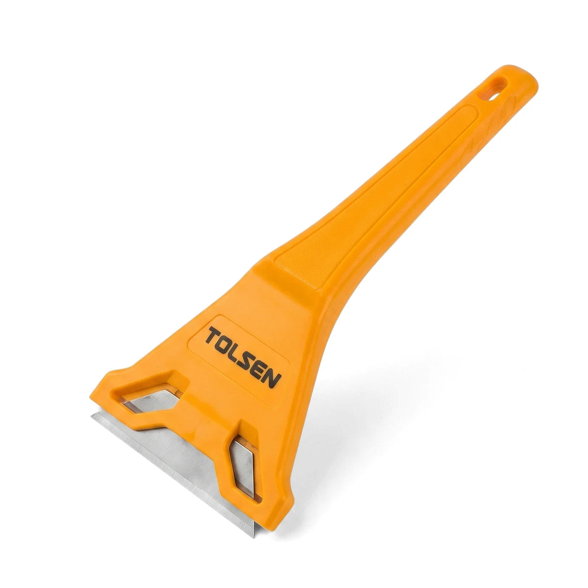 Orange Tolsen SK5 Window Scraper, a durable utility tool with a bright plastic handle and a sharp metal blade for efficient