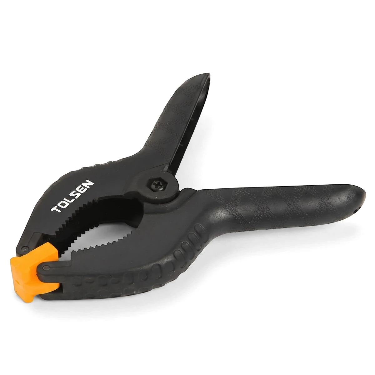 Tolsen Spring Clamp 100mm in black plastic with yellow jaw pads, side view of handheld spring-loaded grip clamp.