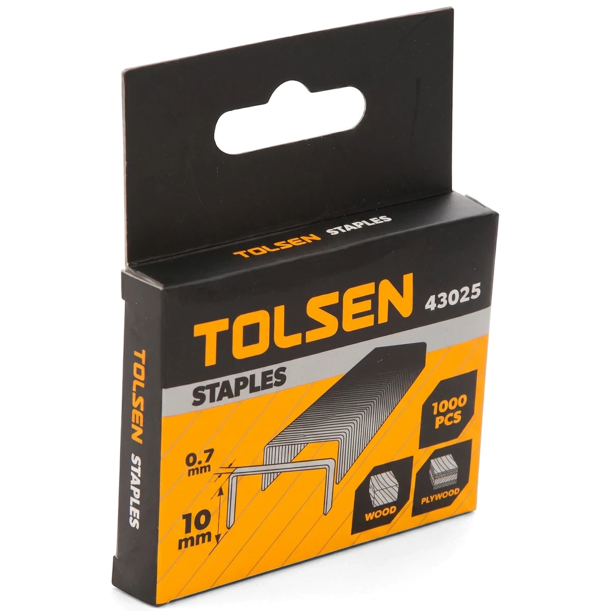 Tolsen staples 10mm x 0.7mm 1000 pack in black and orange box, front view of staple size for stapler use