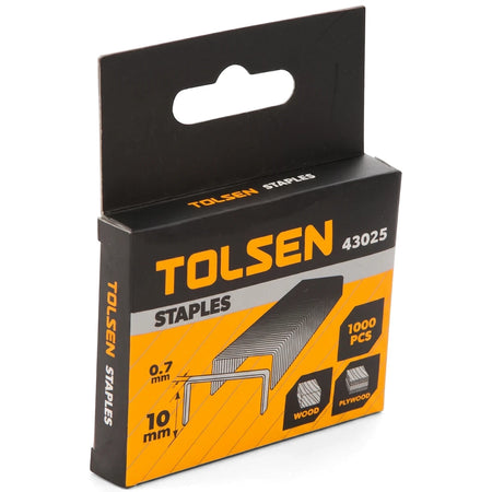 Tolsen staples 10mm x 0.7mm 1000 pack in black and orange box, front view of staple size for stapler use