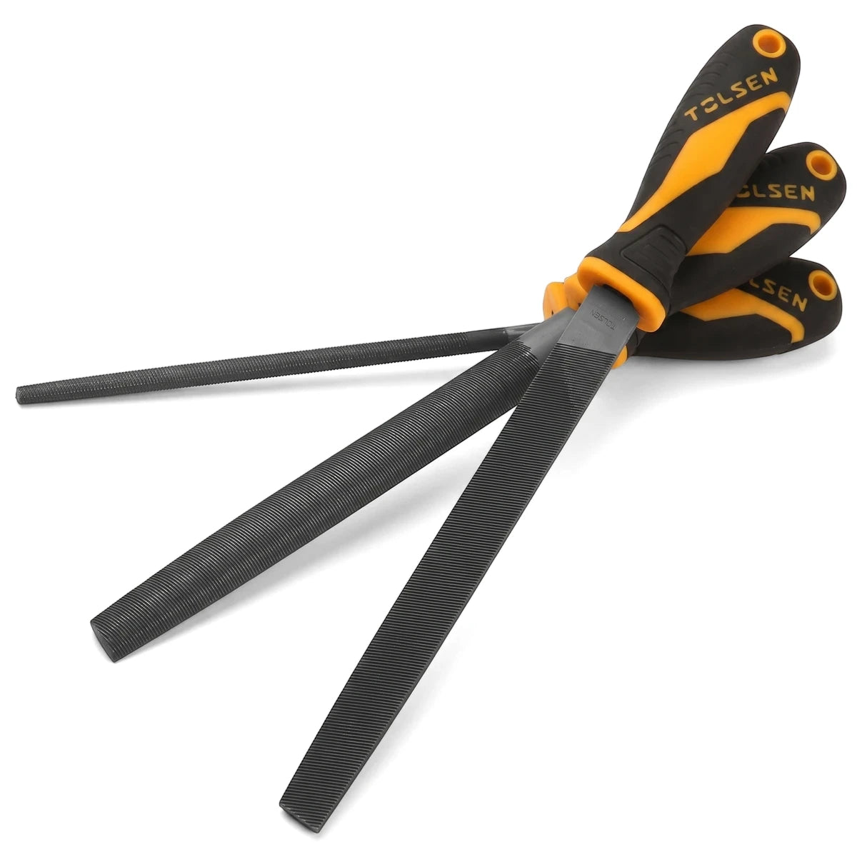 Three Tolsen steel files, including flat, half-round, and round profiles, with distinctive black and yellow handles,