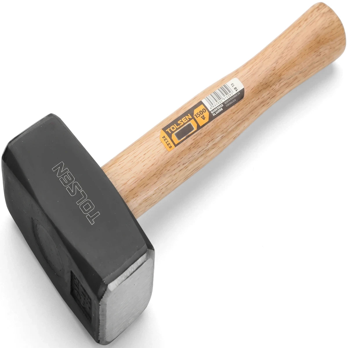 A Tolsen 1.5kg stoning hammer with a black metal head featuring the 'TOLSEN' logo and a light-colored wooden handle, viewed