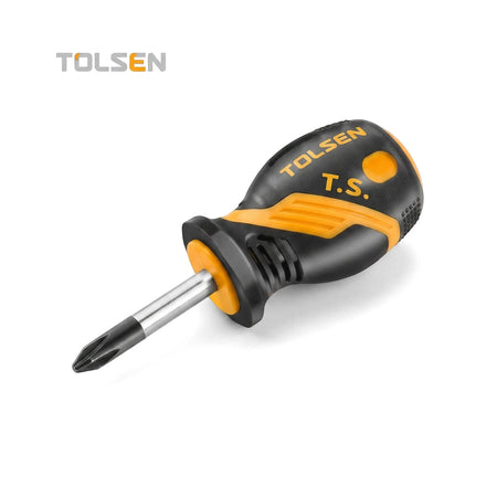 Tolsen Stubby Phillips Screwdriver PH2x38mm with ergonomic black and yellow handle, angled view.