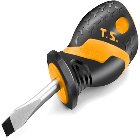 Tolsen Stubby Slotted Screwdriver with a black and yellow handle and a flat 6.5 x 38mm blade tip, shown diagonally.