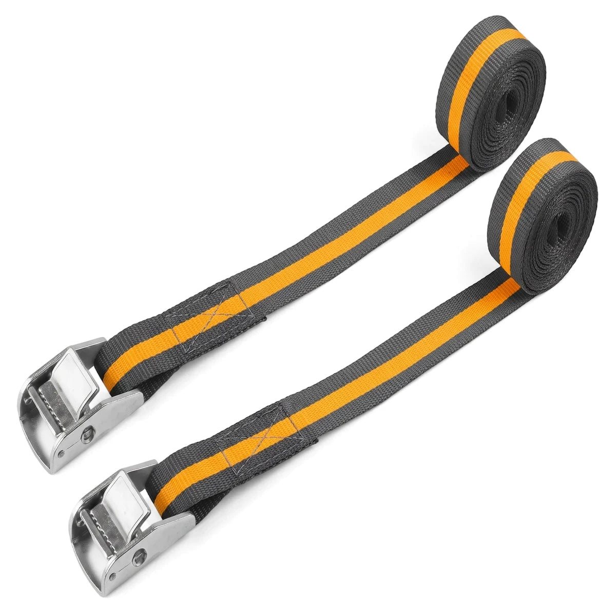 Two Tolsen tie down straps, 25mm x 2.5m, gray with a bright orange stripe and metal cam buckles, for securing loads.