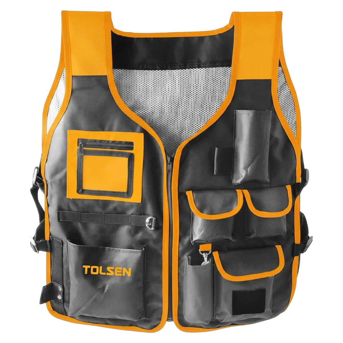 Tolsen Tool Vest in black and orange with multiple utility pockets, front view, made of durable fabric for construction and