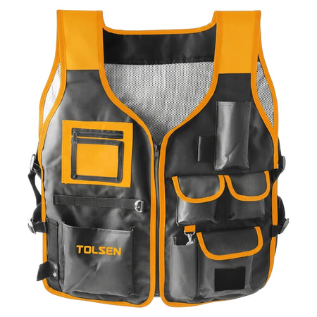Tolsen Tool Vest in black and orange with multiple utility pockets, front view, made of durable fabric for construction and