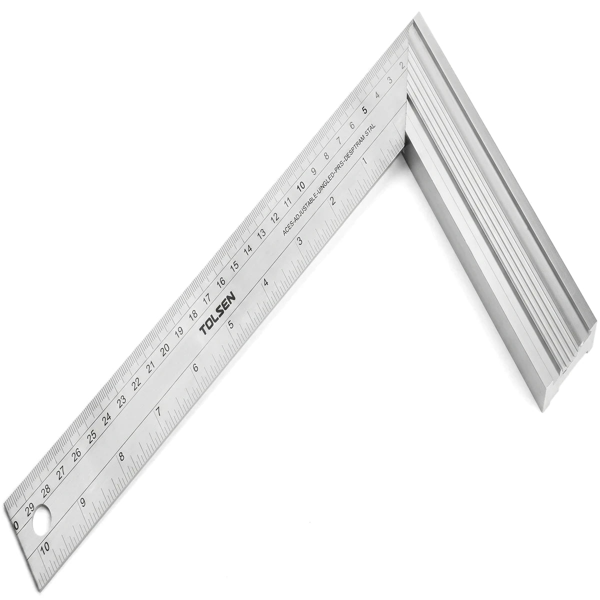 Silver 250mm Tolsen Tri-Mitre Square with an aluminum handle, used for accurate angle measurement and marking.