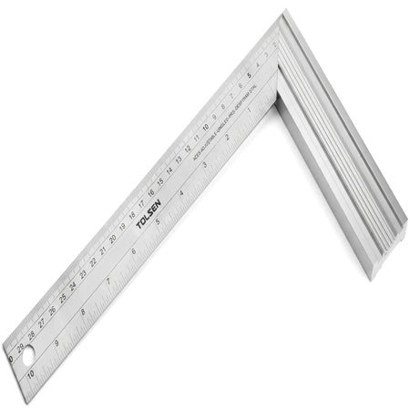 Silver 250mm Tolsen Tri-Mitre Square with an aluminum handle, used for accurate angle measurement and marking.