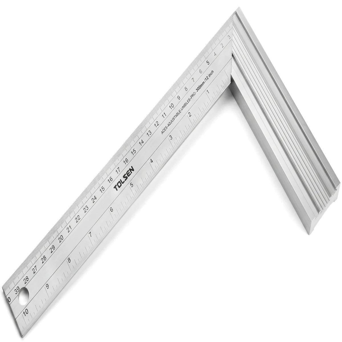 A silver 300mm Tolsen Tri-Mitre Square with an aluminum handle and black measurement markings, angled diagonally.