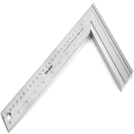 A silver 300mm Tolsen Tri-Mitre Square with an aluminum handle and black measurement markings, angled diagonally.