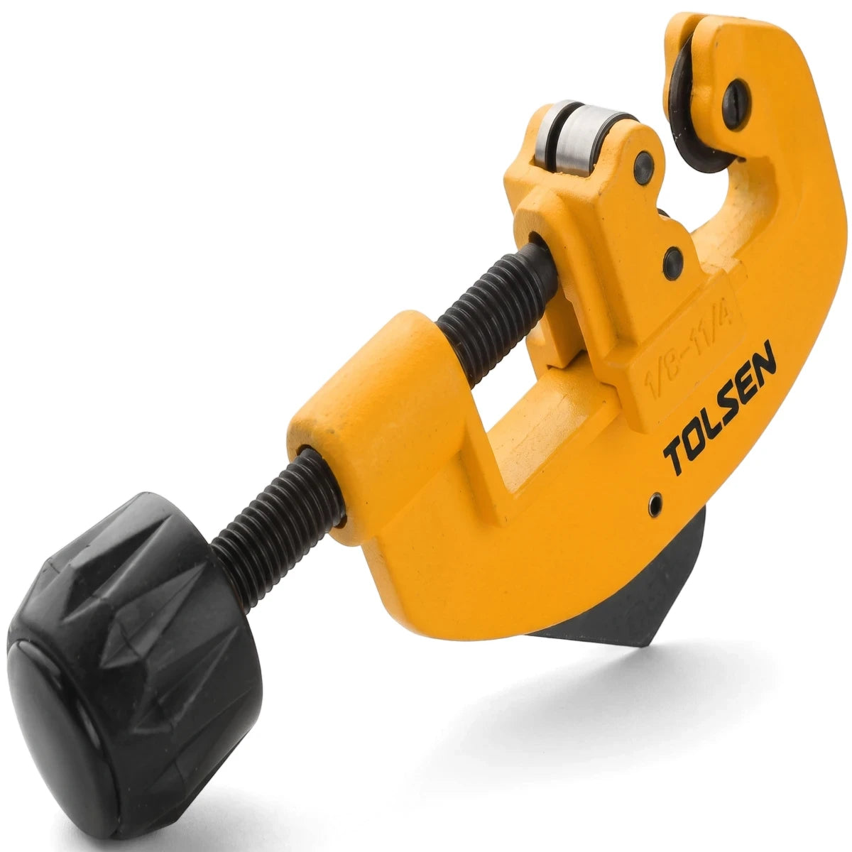 A yellow and black Tolsen tube cutter (3-32mm) for cutting pipes and tubes, shown at an angle on a clean white background.