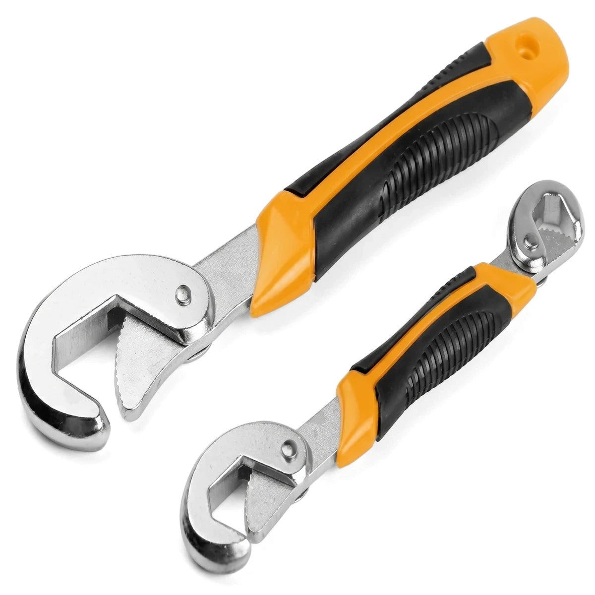 A set of two Tolsen Universal Wrenches, featuring silver adjustable jaws and ergonomic black and yellow handles, displayed