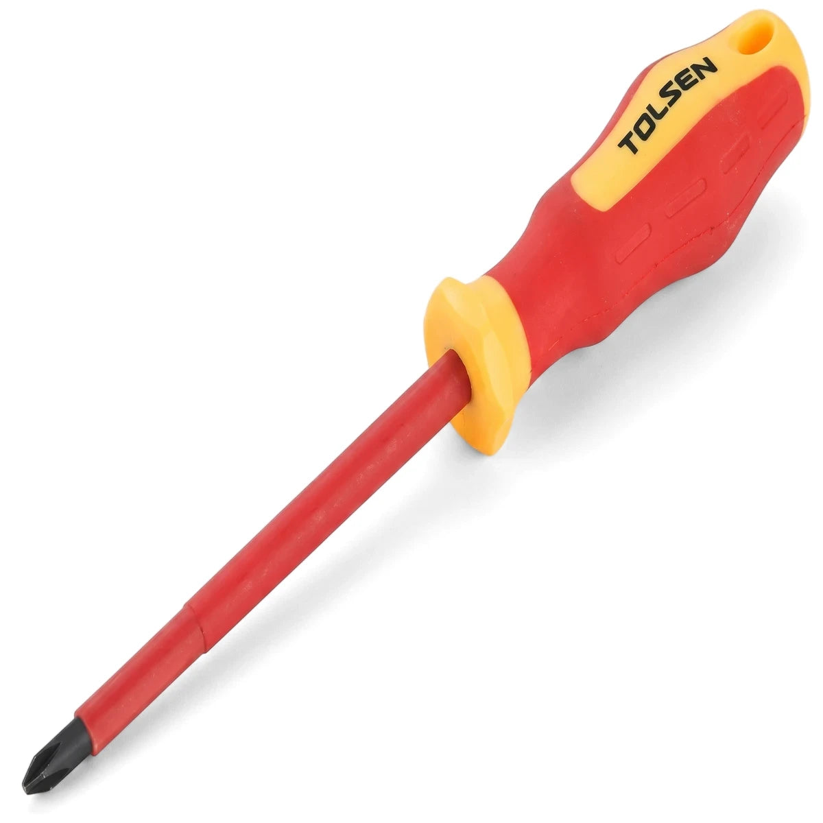 Tolsen VDE insulated Phillips screwdriver PH2 x 100mm with red and yellow handle and black tip, angled.