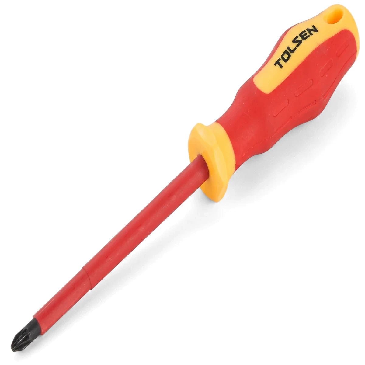 A red and yellow Tolsen VDE insulated Pozidriv screwdriver, PZ1 x 80mm, with a comfortable ergonomic handle.
