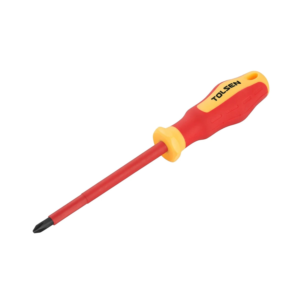 Tolsen VDE Insulated Pozidriv Screwdriver, PZ2 x 100mm, with a red shaft and red and yellow handle, angled diagonally.