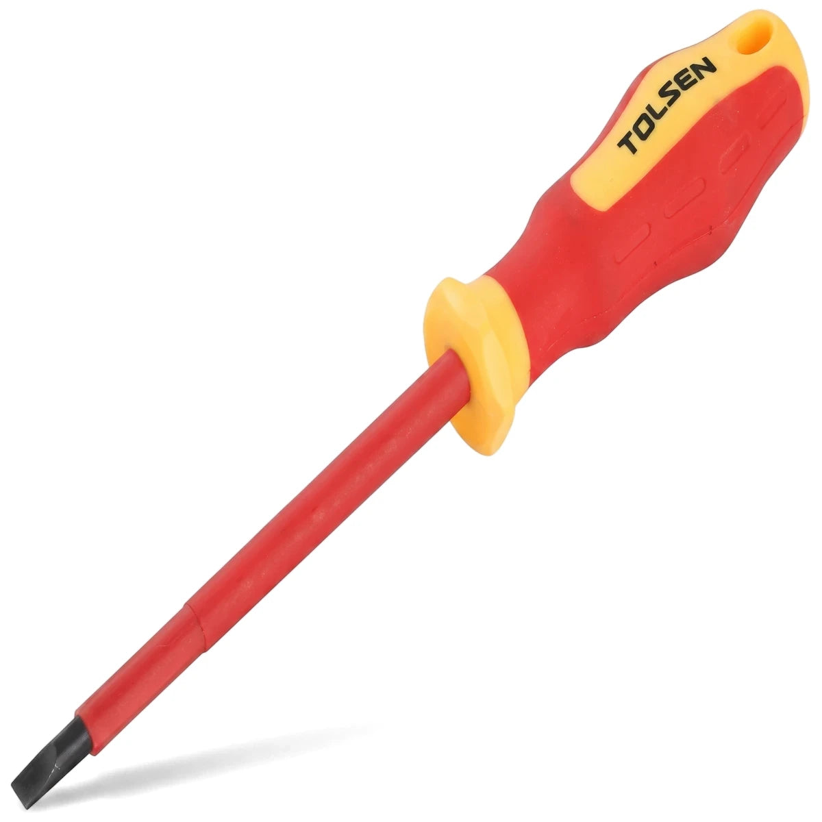 Red and yellow Tolsen VDE Insulated Slotted Screwdriver, 3.0 x 75mm, with a black slotted tip and ergonomic handle.