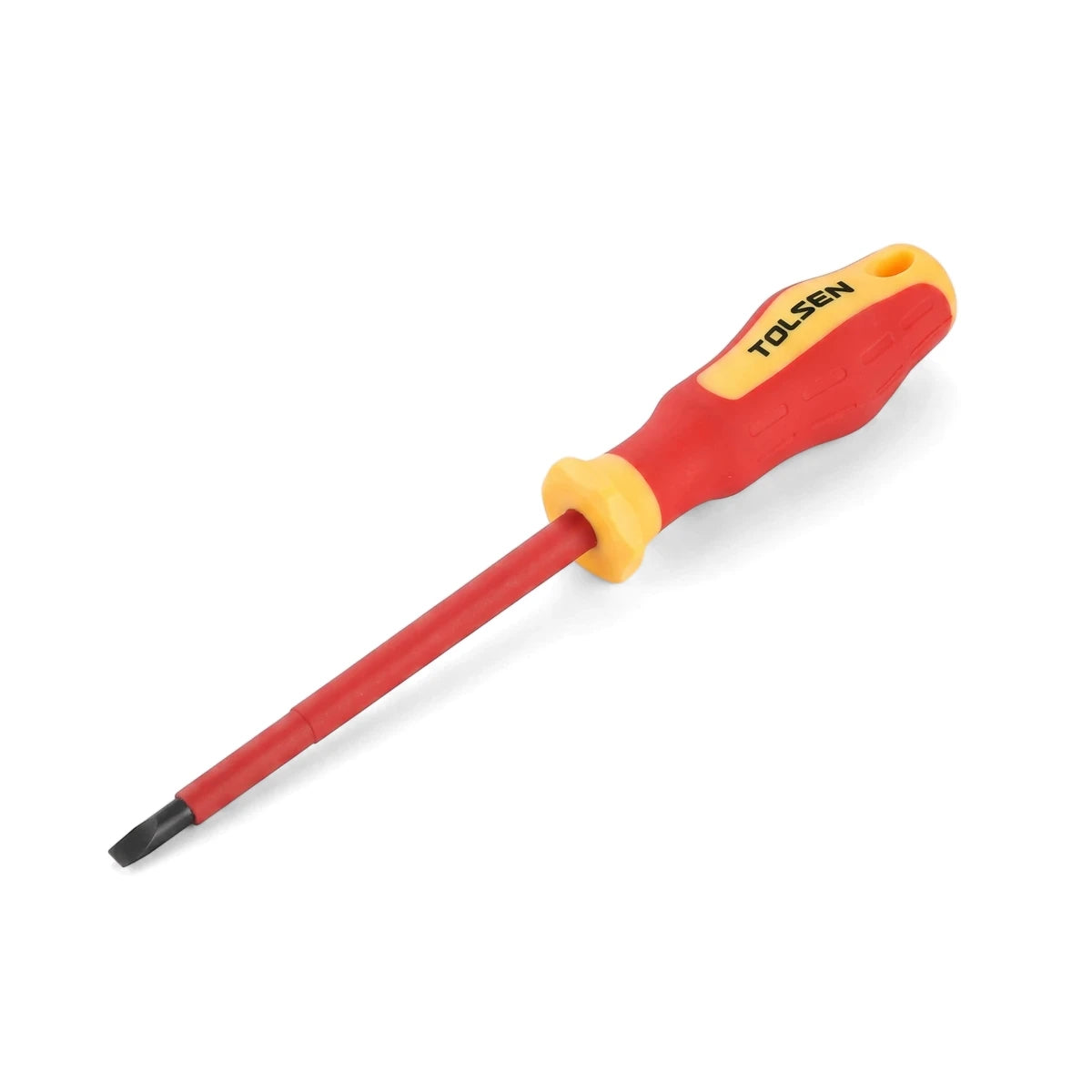 Tolsen VDE insulated slotted screwdriver with a red and yellow ergonomic handle and a 5.5 x 125mm blade.