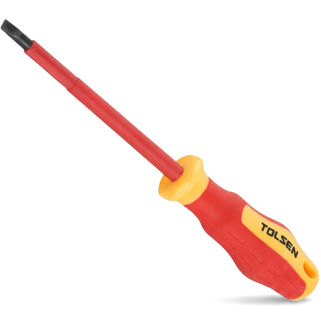 Tolsen VDE Insulated Slotted Screwdriver with a red and yellow handle and black tip, 6.5 x 150mm size.