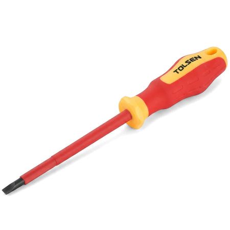 Tolsen VDE Insulated Slotted Screwdriver 4.0 x 100mm with a red and yellow handle and a black slotted tip.