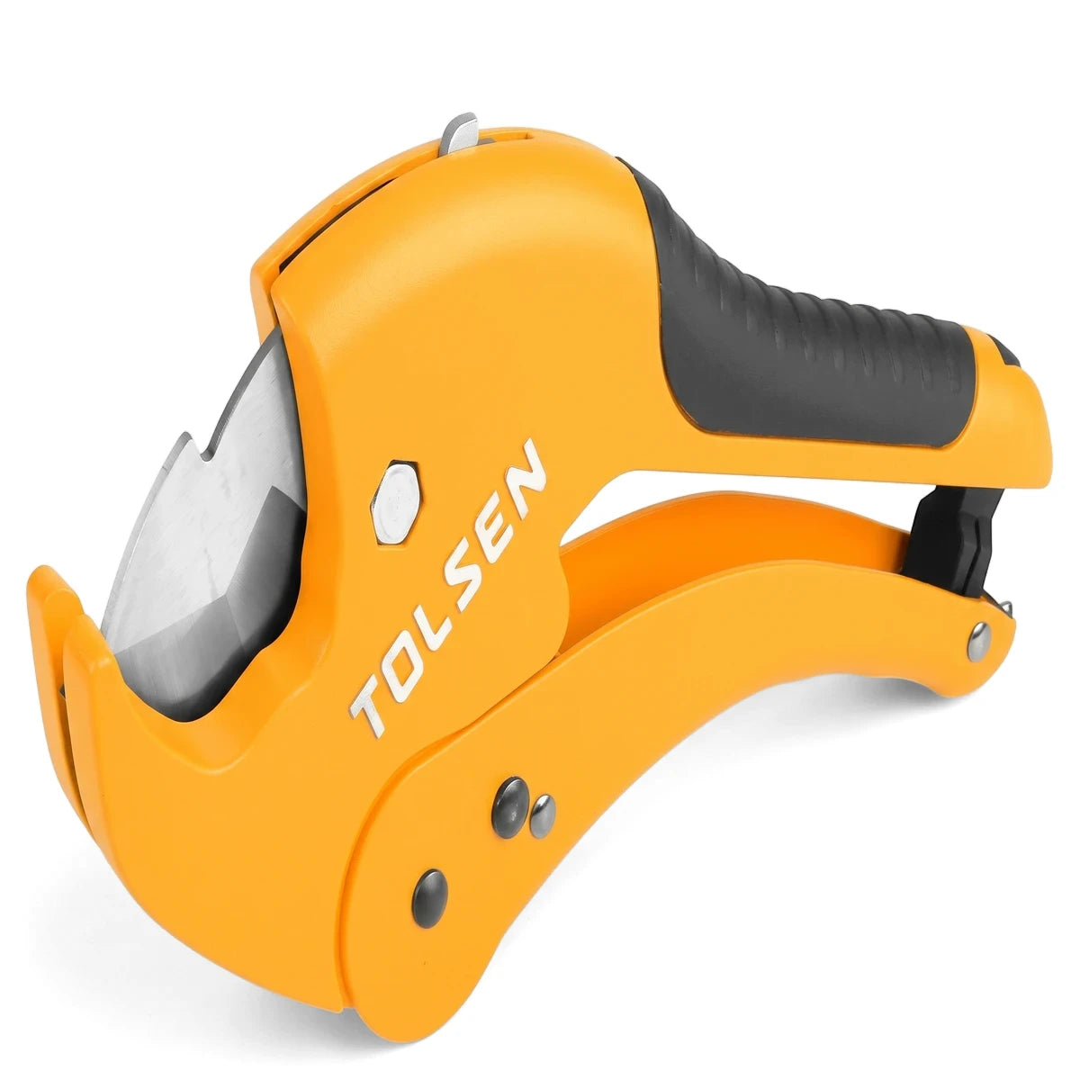 Tolsen vinyl pipe cutter, shear type, 225mm (3-42mm), bright orange and black, shown from an angled perspective.