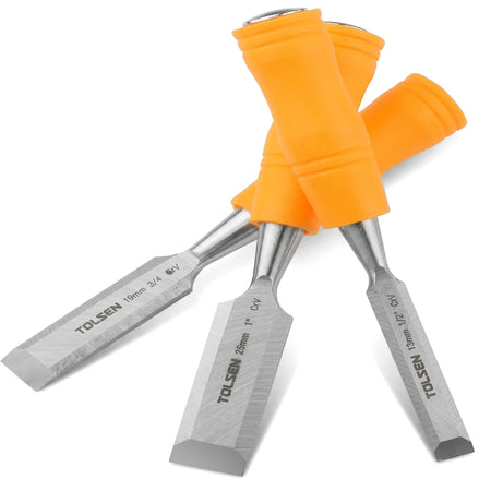 Three Tolsen wood chisels with orange plastic handles and silver blades, ranging from 13-25mm, displayed as a 3-piece set.