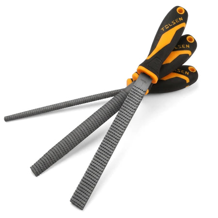 Three-piece Tolsen wood file set with grey metal blades and ergonomic black and yellow handles, including flat, half-round,