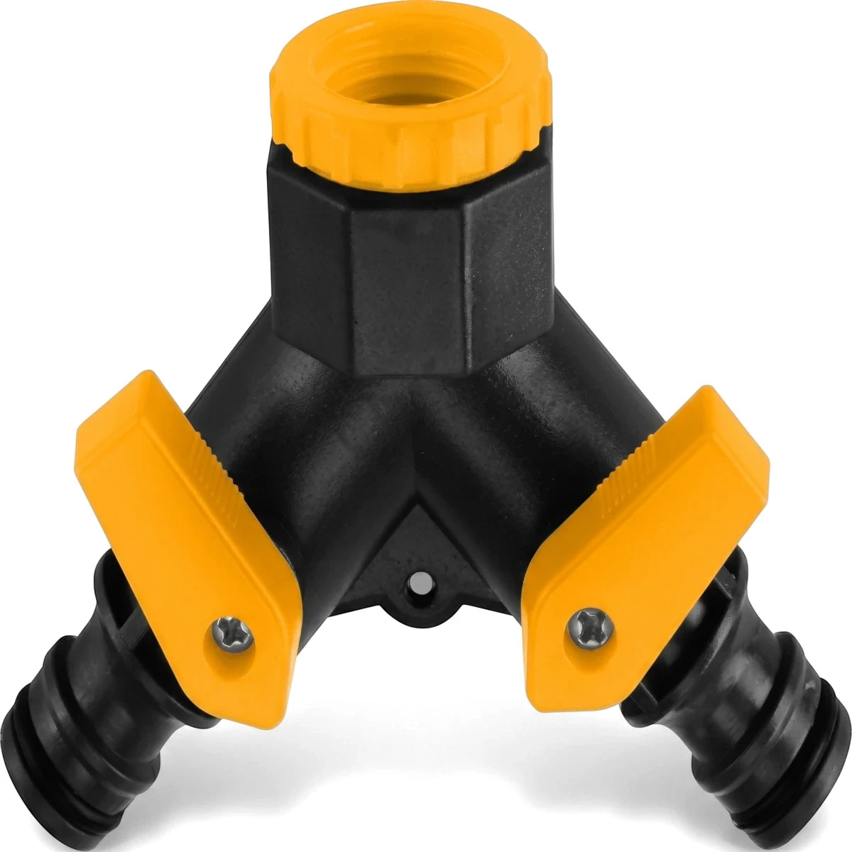 Black and yellow Tolsen Y-Switch Garden Hose Coupling with swivel connection for splitting water flow.