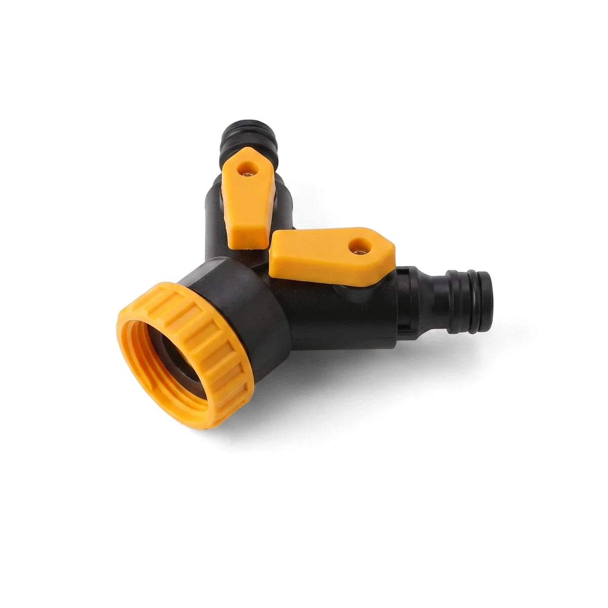 Tolsen Y-switch garden hose coupling with swivel, featuring black plastic and yellow valves, for splitting water flow.